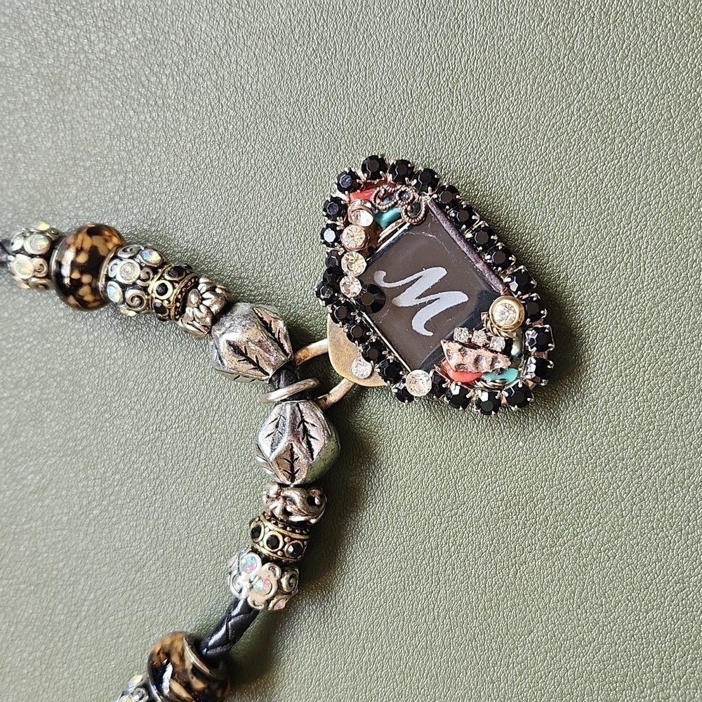 Handmade "W" Initial Necklace on Leather Cord 19 Inches Bohemian Art To Wear - Picture 5 of 9
